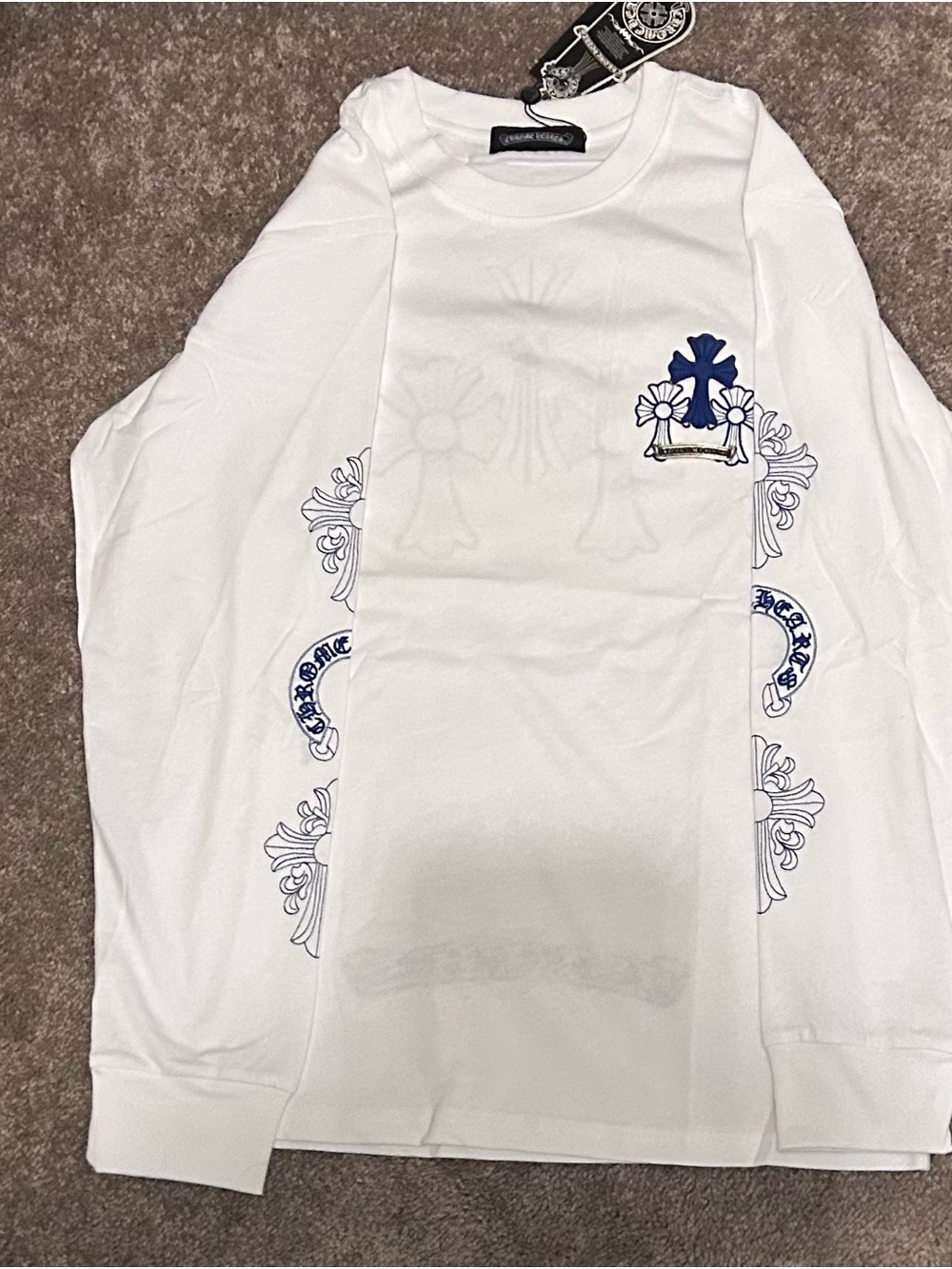 Chrome Hearts White Long Sleeve Tee with Navy Cross and Floral Side Prints